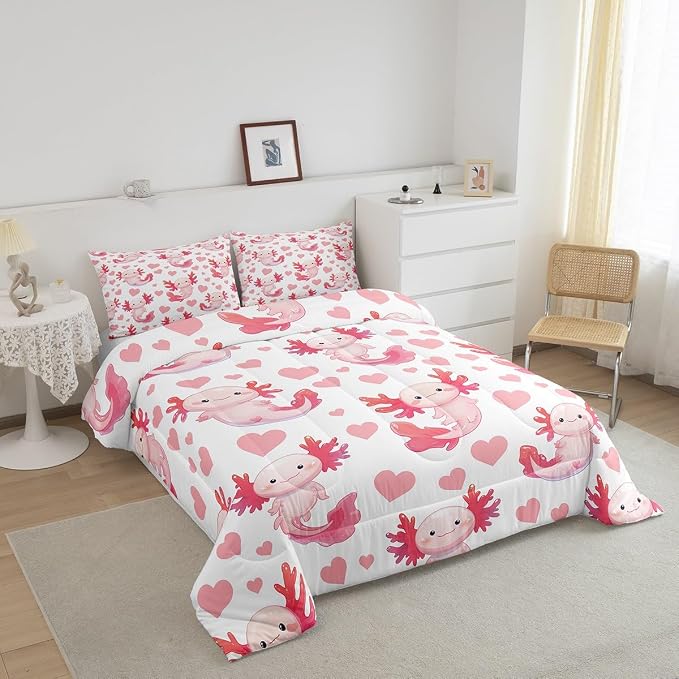 Manfei Cute Axolotl King Size Comforter Set 3 Pcs,Kawaii Pink Ocean Animal Marine Life Down Alternative Bedding Set,Love Hearts Graffiti Kids Girls Ultra Soft Microfiber Inner Fill Comforter - Image 2
