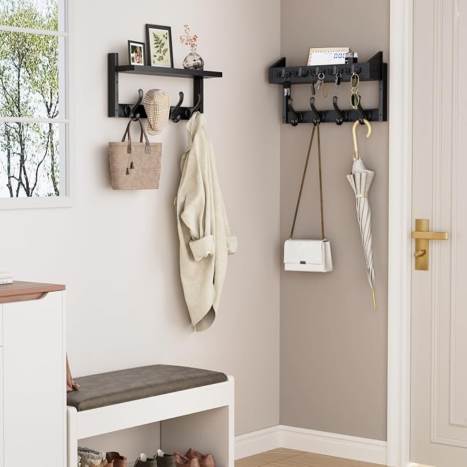 Evermagin 35" Coat Rack Wall Mount with Shelf for Entryway, Black | Wall Mounted Coat and Key Rack with Hooks, Key Holder with Mail Organizer for Wall, Living Room, Mudroom, Bedroom - Image 3