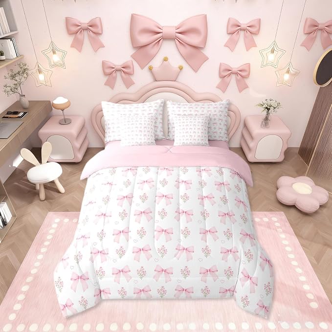 Erosebridal 7 Piece Bow Pink Comforter Set Queen Bed in a Bag for Girls Kids,Girly Pink Floral Coquette Bedding Sets Cute Bowknot Ribbon Heart Quilt Dreamy Princess Style Bow Sheets with Comforter - Image 6
