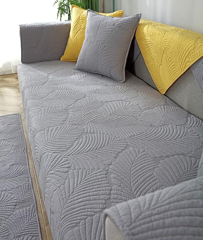 Solid Color Leaf Cotton Quilted Sofa Covers for 3 Cushion Couch Anti-Slip Soft Couch Cover for Dogs Pets Kids Recliner Loveseat L Shaped (Light Grey,28''x94'') - Image 5