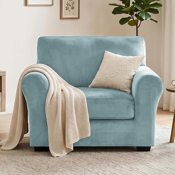 XINEAGE 2-Piece Velvet Armchair Sofa Cover, Couch Covers for Dog,Gray Blue | 1 Cushion Chair,Stretch Non-slip Elastic, Pet-friendly, Washable, Fast Setup, Soft Plush Fabric, Furniture Protector. - Image 4