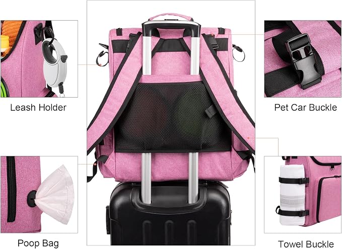 Modoker Multi-Compartment Dog Travel Backpack for Pet Supplies, Pink | Dog Travel Accessories Organizer with 2 Food Bags, 2 Bowls, Quick-Access Pockets, Tissue Opening, Luggage Sleeve, Feeding Mat - Image 5