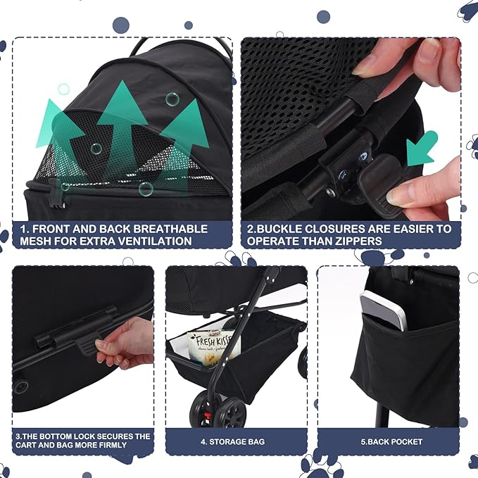 3-in-1 Pet Stroller,Foldable Cat Dog Strollers for Medium Dogs 20KG,Pet Travel Dog Stroller Pushchair with Detachable Carrier Car Seat