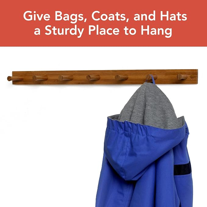 Spectrum 7 Peg Wall Mount Peg Rack Wooden Storage Organizer for Coats Hats Purses Towels, Includes Mounting Hardware and Decorative Plugs, Tie Rack Hanger Belt Holder Closet Accessory, Bamboo Color - Image 2