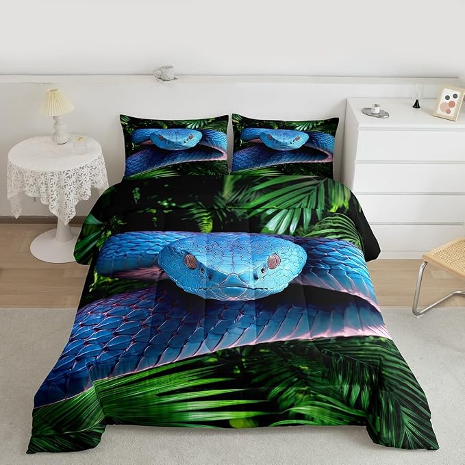Erosebridal Snake Comforter Set Queen, Blue Snake Duvet Set, 3D Reptile Bedding Comforters, Blue Scales Quilt Set, Palm Leaf Wild Animal Stylish Quilted Duvet for Kids Boys Teens Man Bedroom Decor by Erosebridal