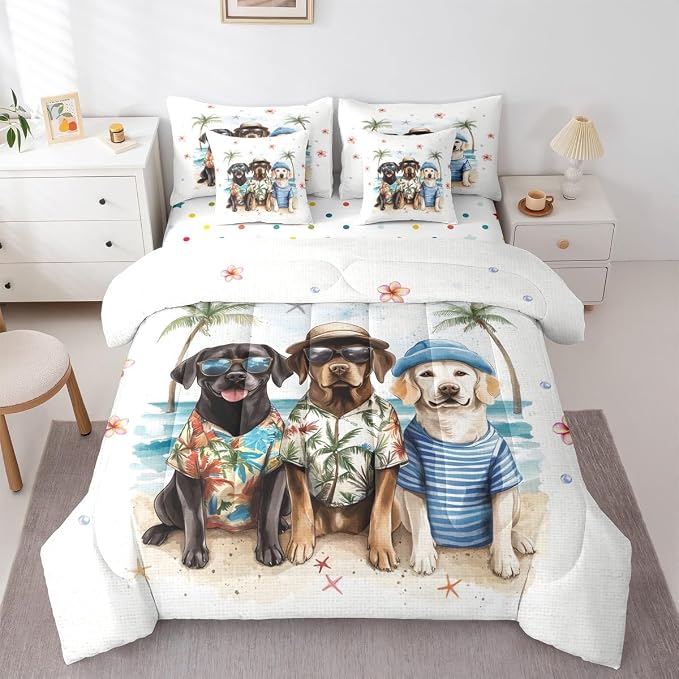 Erosebridal Summer Beach Twin 7-Piece Bedding Set, Kawaii Dogs Bed in A Bag, Sea Beach Comforter Set with Sheets for Kids Boys Teens Girls Women Men Bedroom, Floral Starfish Coconut Tree Bed Sets - Image 3
