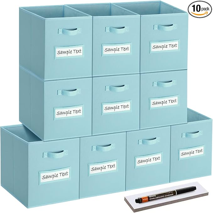 11x11 storage cube bins (Set of 10) Foldable Fabric storage cubes with 10 Labels Window Cards & a Pen,11 inch cube storage bin,Closet Organizers for Shelves,Cubby Organizer Boxes,Blue by Artsdi