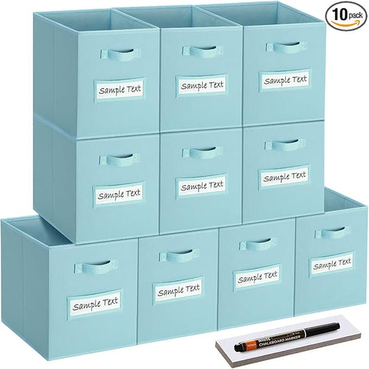 13x13 storage cube bins (Set of 10) Foldable Fabric storage cubes with 10 Labels Window Cards & a Pen,13 inch cube storage bins,Closet Organizers for Shelves,Cubby Organizer Boxes,Blue by Artsdi