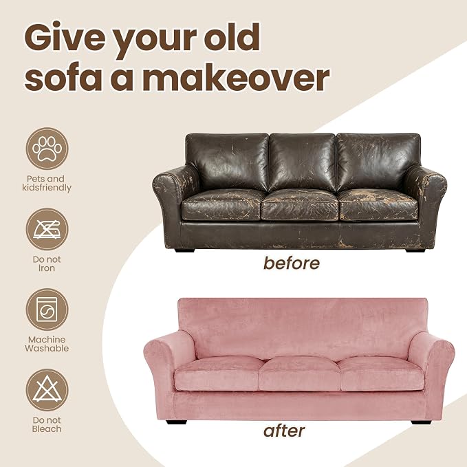 XINEAGE 3-Piece Velvet Loveseat Sofa Cover, Couch Covers for Dog,Pink | 2 Cushion Loveseat,Stretch Non-slip Elastic, Pet-friendly, Washable, Fast Setup, Soft Plush Fabric, Furniture Protector. - Image 8
