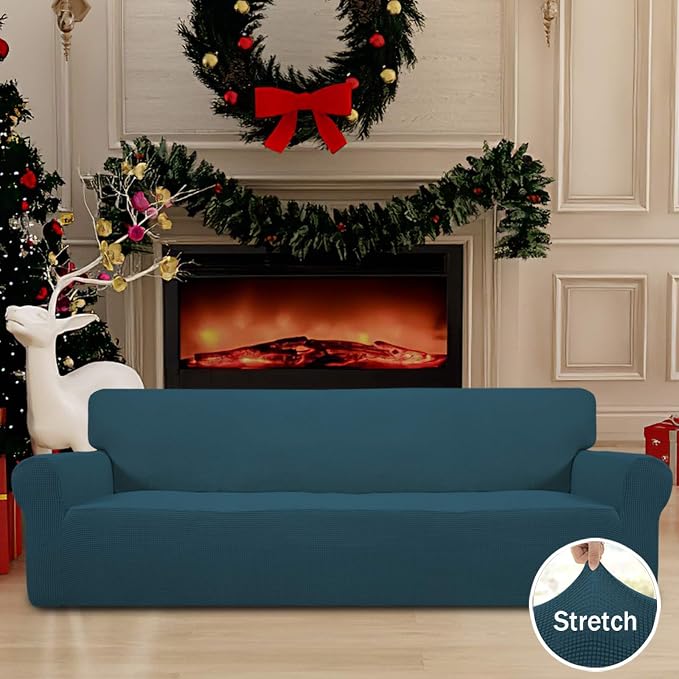 Easy-Going Stretch 4 Seater Sofa Slipcover 1-Piece Sofa Cover Furniture Protector Couch Soft with Elastic Bottom for Kids, Polyester Spandex Jacquard Fabric Small Checks Deep Teal | 1-Piece Extra X-large Sofa Cover Furniture Protector Couch Soft with B... - Image 2