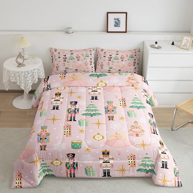 Erosebridal 7Pcs Pink Christmas Comforter Set Twin Size,Christmas Nutcracker Bedding Set,Dreamy Castle Princess Bed in A Bag,Xmas Galaxy Snow Quilt with Flat Fitted Sheet for Kids Boys Girls - Image 2