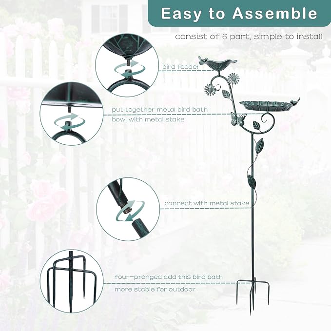 MUMTOP Bird Bath and Feeder for Outdoors, 53in Height Metal Birdbath Green | Antique Garden Bird Feeder and Bath with Stable Metal Stake for Outside Yard Lawn Decor, Metal Garden Bird Water Station - Image 4