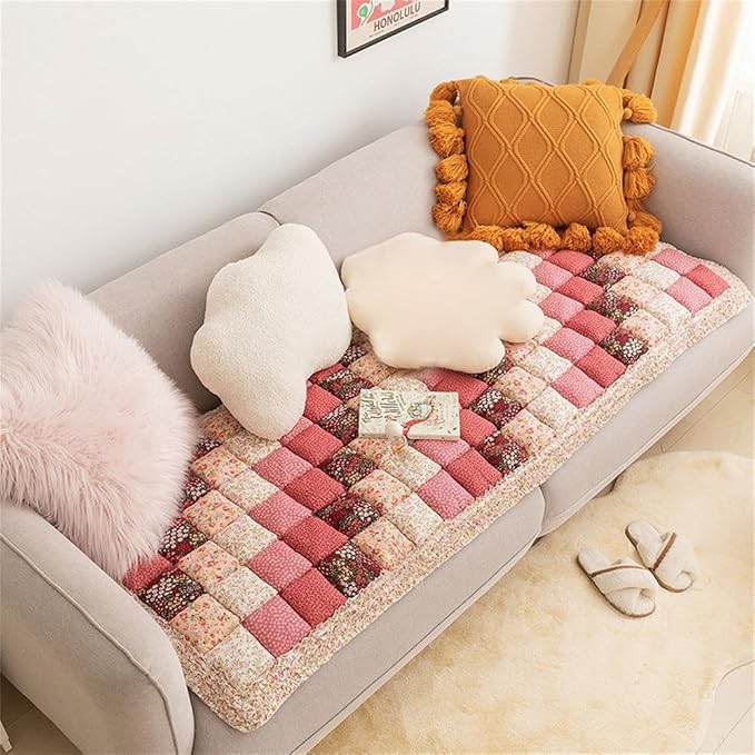 Garden Chic Cotton Protective Couch Cover,Fuzzy Couch Cover Plaid Square Pet Mat, Machine Washable & Non-Slip Pet Mat Bed Couch Cover,Sofa Cover for Most Cats Dogs,Pets (Pink, 27.6*59.1inch) - Image 7