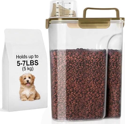 LEAWALK 5-7Lbs Dog Cat Food Storage Container with Upgraded Large Nozzle BPA-free, 4 Snap Seals Plastic Pet Food Storage Containers with Handles (Clear Brown, 5L-1pack) by LEAWALK