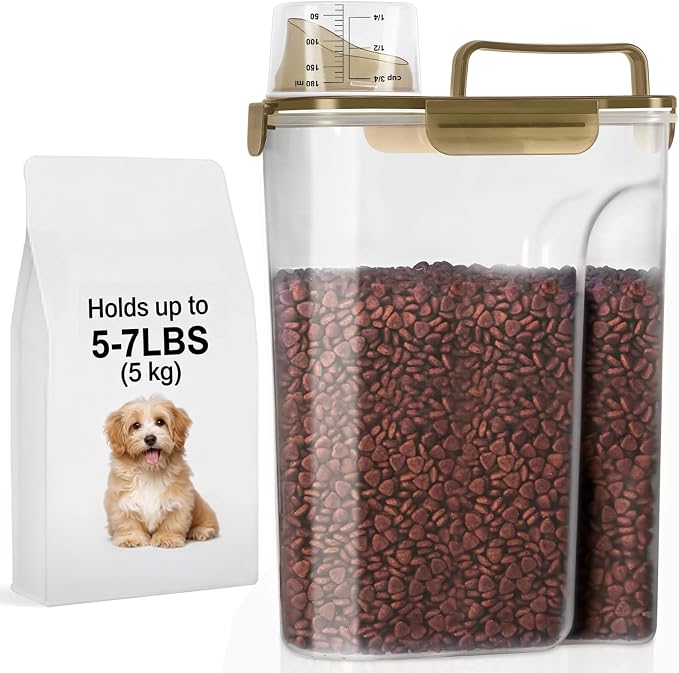LEAWALK 5-7Lbs Dog Cat Food Storage Container with Upgraded Large Nozzle BPA-free, 4 Snap Seals Plastic Pet Food Storage Containers with Handles (Clear Brown, 5L-1pack) by LEAWALK