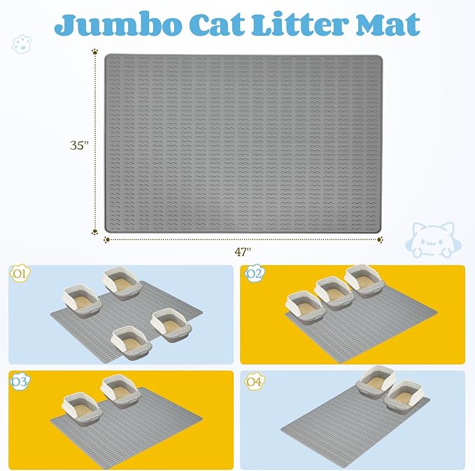 Cat Litter Mat, 47x35in Extra Large Litter Trapping Mat, Grey | XXL Cat Mat Fits 2-4 Litter Boxes, Silicone Litter Trapping Mat, Waterproof Raised Edges, Non-Slip Bottom, Easy Clean - Image 2