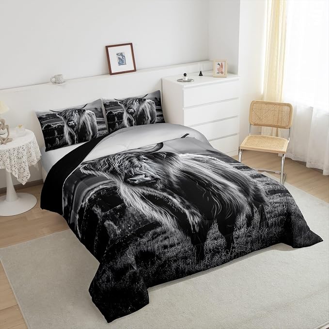 Highland Cow Bedding Set King Size Grey Bull Cattle Comforter Set Funny Farmhouse Wildlife Animal Duvet Set for Kids Boys Girls Teens Western Cowboy Style Down Comforter Adult Bedroom Decor - Image 5