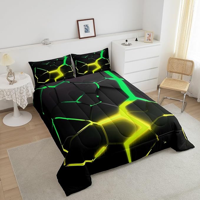 Geometric Honeycomb Comforter Set King Size,Abstract Hexagon Patchwork Fashion Bedding Set for Boys Girls Men Room Decor,Yellow Green Neon Modern Down Comforter,Unique Duvet Insert,2 Pillowcases - Image 3