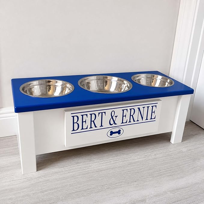3 Bowl Dog Feeding Station, Personalized Triple Bowl Food Stand Medium Dogs | Farmhouse Style, Elevated Wood Stand, Storage Container, Stainless Steel Bowls, Raised Anti-Slip Feeder, Made in USA - Image 3