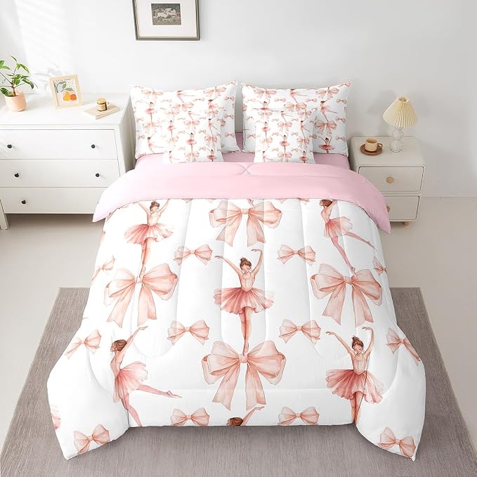 Erosebridal 7 Piece Girly Bowknot Kids Comforter Set Queen Bed in a Bag,Dreamy Princess Style Bedding Set for Kids Teens Adult,Ballet Girls Dancing Quilt,Elegant Watercolor Bow Tie Dancer Sheet Set - Image 2