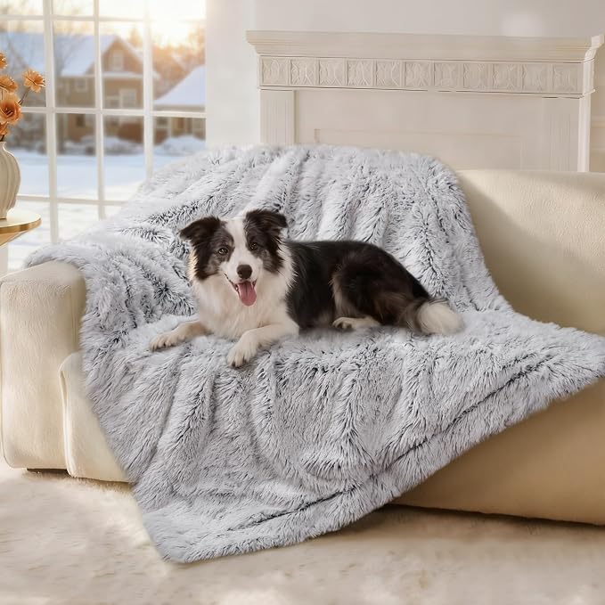 Luciphia Large Waterproof Dog Blanket for Pet Washable Liquid Proof Bed Intimacy Protection Shaggy Plush Calming Long Faux Fur Couch Cover Calming Cat Throw Blankets, Mist Grey, 50" x 60" by luciphia