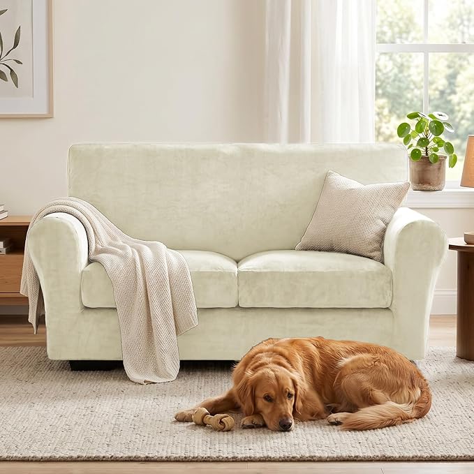 XINEAGE 3-Piece Velvet Loveseat Sofa Cover, Couch Covers for Dog,Beige | 2 Cushion Loveseat,Stretch Non-slip Elastic, Pet-friendly, Washable, Fast Setup, Soft Plush Fabric, Furniture Protector. - Image 4