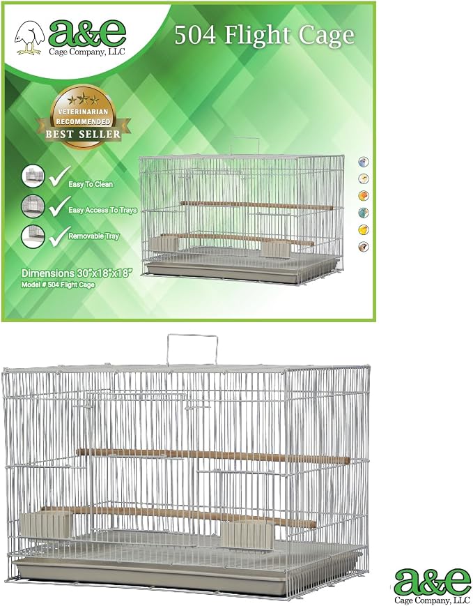 A&E Cage Co 504 Flight Bird Cage for Finches & Parakeets, 30"x18"x18" White | 2 Slide-Up Feeder Doors, Wood Perch, Slide-Out Cleaning Tray, Carry Handle, Safe Bar Spacing for Small Birds - Image 5