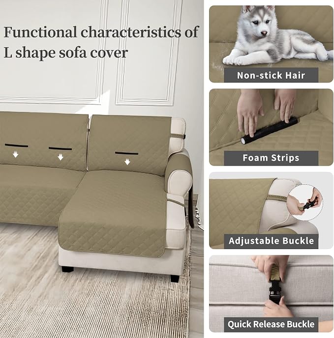 Easy-Going Waterproof Sectional Couch Covers with Chaise 2-Piece Non Slip L Shape Sofa Cover for Dogs Leakproof Furniture Protector Cover with Adjustable Strap for Pets (Small, Beige) - Image 3