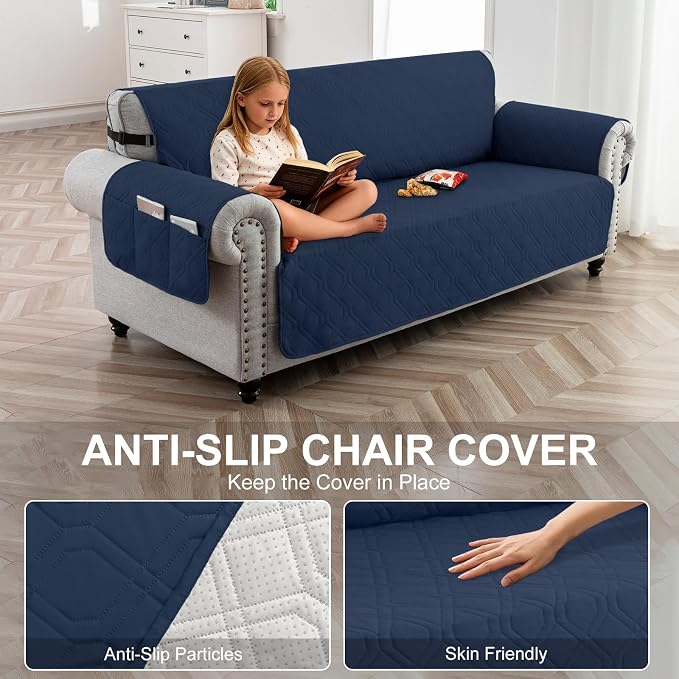 100% Waterproof Quilted Couch Cover,Straps&Pockets,68" Navyblue | Washable sofa cover, pet-friendly, scratch-resistant furniture protector, quilted sofa cover, reversible, non-slip backing. - Image 4