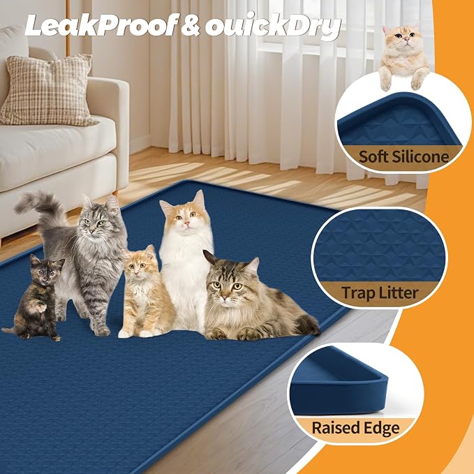 Cat Litter Mat for Litter Box 51"x25.6" Extra Large Silicone Mat, Blue | Waterproof Non-Slip Litter Box Mat with Raised Edges, Cat Litter Trapping Mat for Pet, Cat Litter Rug for Floor - Image 3