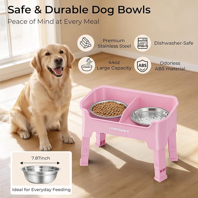 URPOWER Mess Proof Elevated Dog Bowls, Splash Guard Raised Bowl Stand | 4 Height Adjustable Raised Stand with 2 Stainless Steel Food Bowls & Licking Plate for Small, Medium & Large Dogs - Image 5