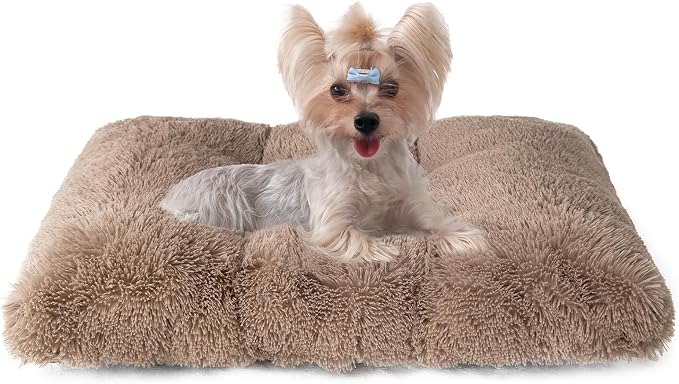 EHEYCIGA Fluffy Dog Crate Bed for Small Dogs, Plush Crate Pad, Camel | Calming Anti Anxiety Small Dog Bed, Washable Soft Warm Faux Fur Crate Mat with Non-Slip Bottom by EHEYCIGA