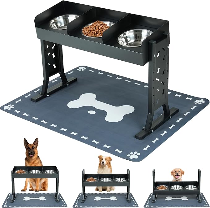 Elevated Dog Bowls for Large Breeds, Triple Dog Bowl Stand with 3 Stainless Steel Bowls, Adjustable Raised Dog Feeding Station, Slow Feeder Anti-Gulping Design, Heavy Duty by YeeJinHong