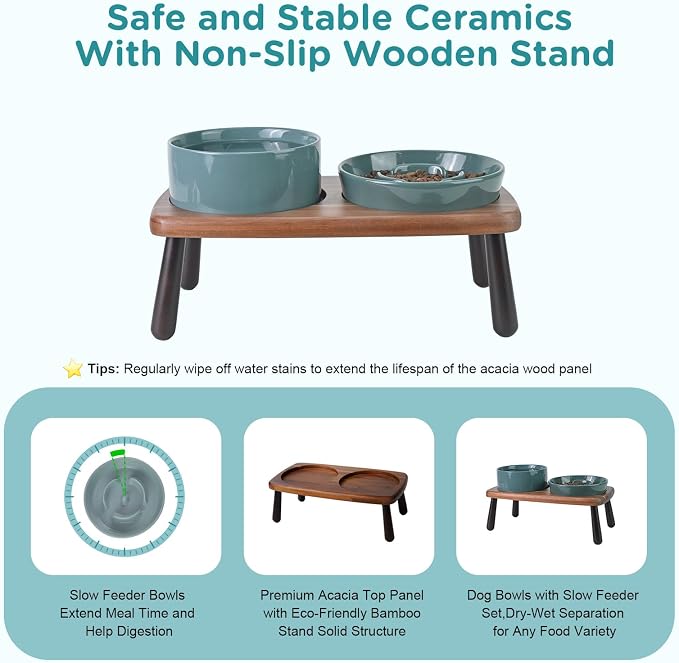 SPUNKYJUNKY Ceramic Elevated Dog Bowls with Slow Feeder Raised with Acacia Bamboo Wooden Stand, 6.1'' Dog and Cat Food Water Bowls Set Non-Slip for Small Medium Sized Breed - Dark Green - Image 5
