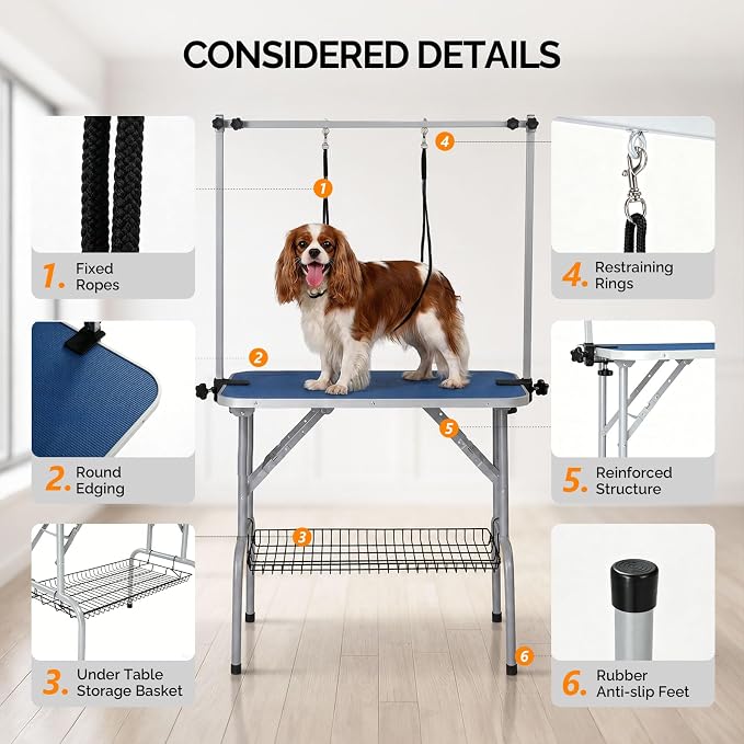 VINGLI Dog Grooming Table, Adjustable Cat Grooming Desktop with Arms and Storage Basket, Pet Grooming Stand at Home (Blue, 32 inch) - Image 7