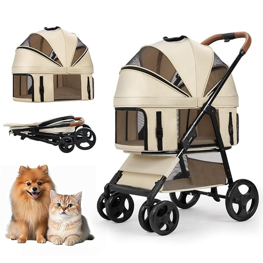 4 Wheels Pet Stroller for Small/Medium Dogs and Cats,Dog Stroller with Detachable Carrier and Storage Basket,One Click Folding, Compact Portable,Up to 50lbs,3 in1 Multifunctional(Khaki)