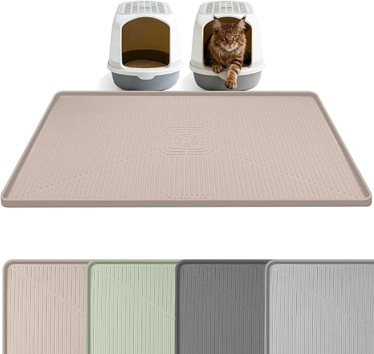 Silicone Cat Litter Mat 45" x 30" Cat Mat for Litter Box, Khaki | Extra Large Cat Litter Trapping Mat for Floor, Waterproof, Non-Slip Kitty Litter Box Mat with Raised Edge, Easy to Clean by Bartuke