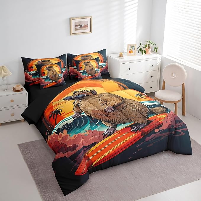 Erosebridal Cute Beaver King Size Comforter Set with Sheets, Wild Animal Bed in A Bag for Kids Teens Youth Adults Bedroom, Wildlife 7 Pcs Bedding Set, Funny Beach Palm Tree Bed Sets - Image 2
