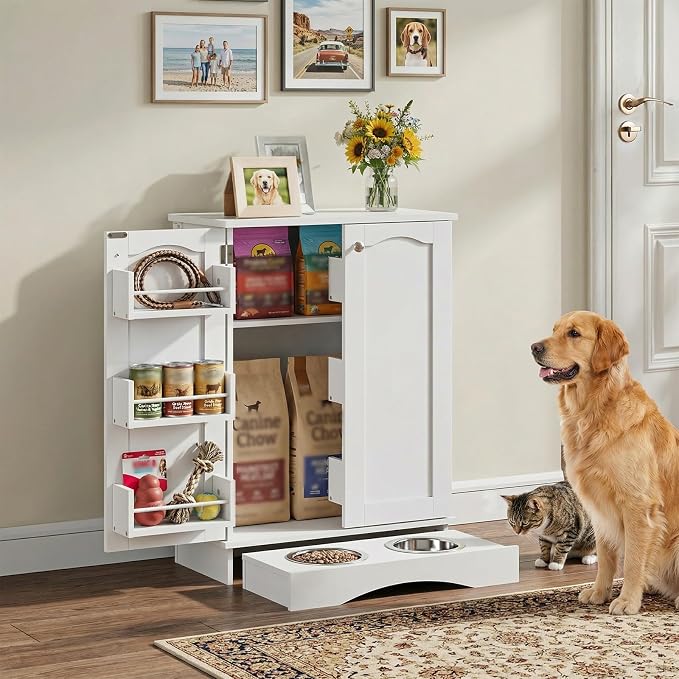 NEWOWNDS 32" H Dog Feeding Station with Storage with Adjustable Shelves | Pet Food Storage Cabinet with 2 Elevated Bowls,Hooks & Letter Stickers,Hidden Dog Feeding Organizer for Cats and Dogs,White - Image 5