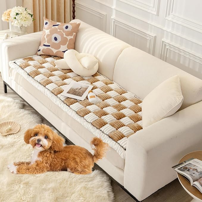 Fuzzy Couch Cover for Dog, Modern White Khaki Checkered Couch Cushion Cover | Non Slip Couch Cover for 2 Cushion Couch Sofa Pet Friendly, Washable Sofa Cover Durable Anti-pilling Furniture Protector by VCLIFE