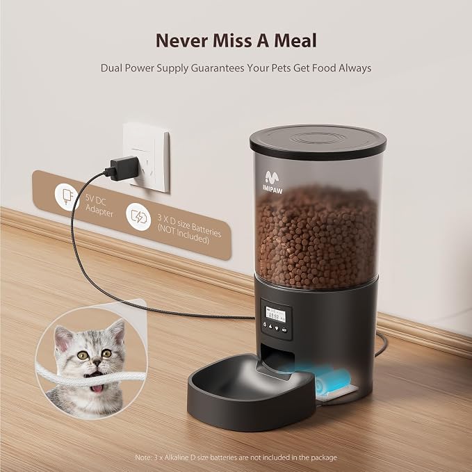IMIPAW Automatic Cat Feeders, 5L Large Capacity, Timed Feeding Dry Food, Dual Power Design, Programmable Portion Size, 1-6 Meals Per Day, with Desiccant, Suitable for Small Pets Food Dispenser, Black - Image 3
