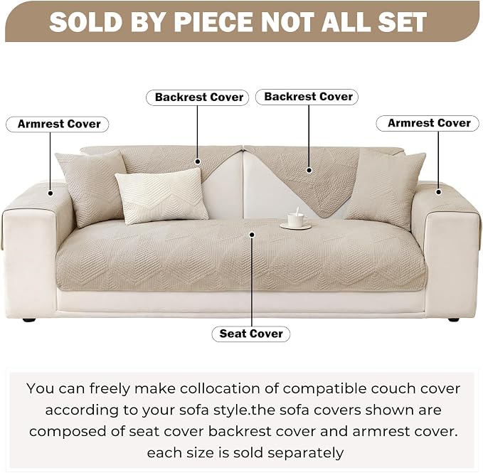 vctops Cotton Quilted Couch Covers for Sectional Sofa (Khaki,28"x82") | Geometric Washable Non Slip Sofa Slipcover for Dogs, Children, Pets Furniture Protector Cover - Image 2