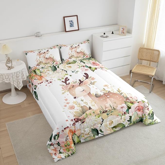 Manfei Cartoon Wild Animal Bed Comforter Set Queen Size,Watercolor Flowers Leaves Garden Super Soft Microfiber Bedding Set for Adults Teens,Cute Deer Comforter Set,2 Pillowcases - Image 4
