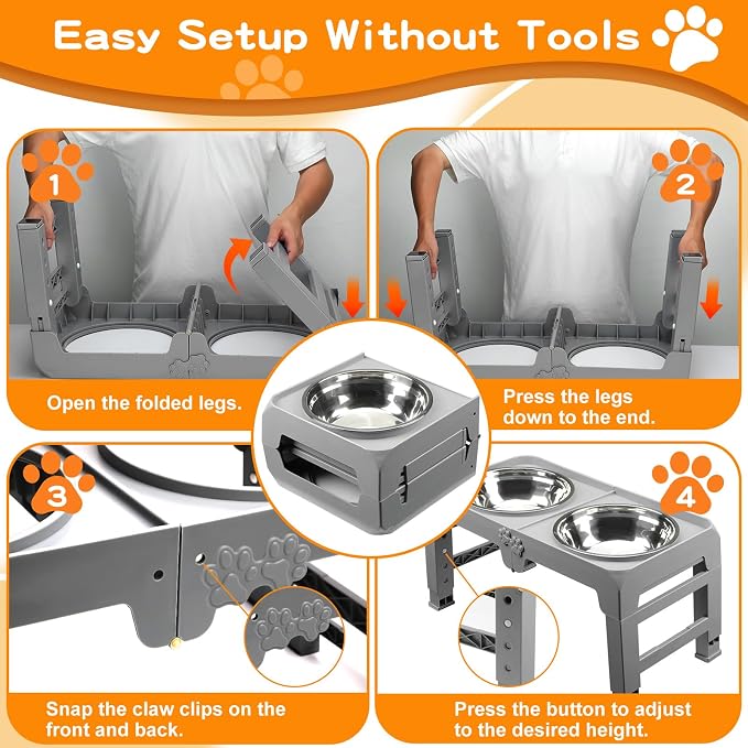 Elevated Dog Bowls for Large Dogs 5 Adjustable Heights 7.5"-15.4", 2 X-Large 10” Stainless Steel Bowls, Heavy Duty Raised Dog Bowl Stand Foldable Pet Feeder for Dogs Shoulder Height Over 15”, Grey - Image 6