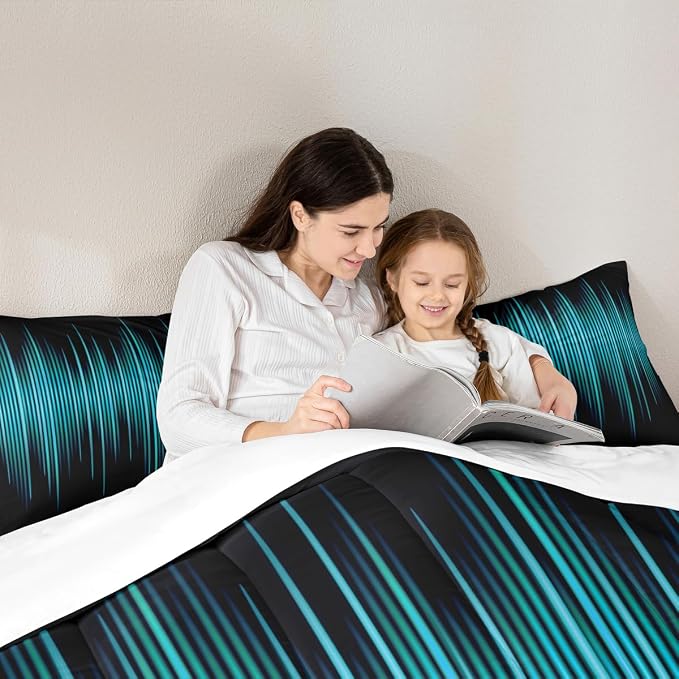 Geometric Abstract Kids Comforter Set Twin Size,Blue Gradient Striped Lines Bedding Set,Boys Girls Adults Bedroom Decor,Modern Fashion Down Comforter,Black Simple Duvet Insert,2pcs,1 Pillowcase - Image 2