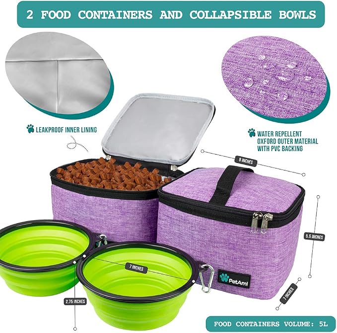 PetAmi Dog Travel Bag Organizer, Pet Travel Kit with 2 Food Containers & 2 Collapsible Dog Bowls, Pet Supplies Tote with Luggage Sleeve, Weekend Road Trip Camping Essentials, Purple, Large - Image 3