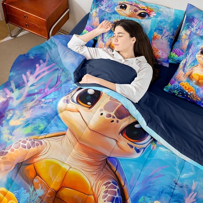 Erosebridal Lovely Turtle King Size 7-Piece Bedding Set for Home, Reptile Tortoise Bed in A Bag, Underwater World Sea Animal Comforter Set with Sheets, Colourful Coral Bedding Comforter Sets - Image 7