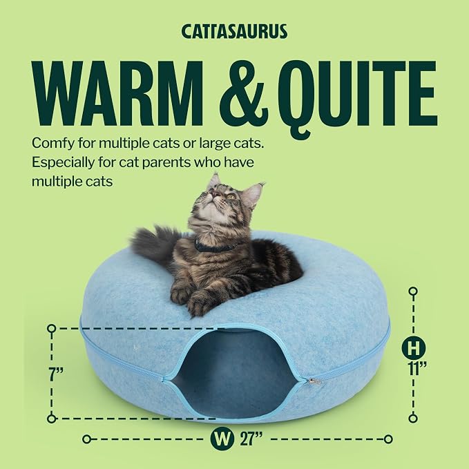 Cattasaurus Peekaboo Cat Cave Donut for Multiple & Large Cats up to 30-45 lbs, 3-in-1 Self Warming Cat Bed, Tunnel & Scratcher for Indoor Cats, Washable & Detachable Small Dog Bed (Blue, Jumbo) - Image 2