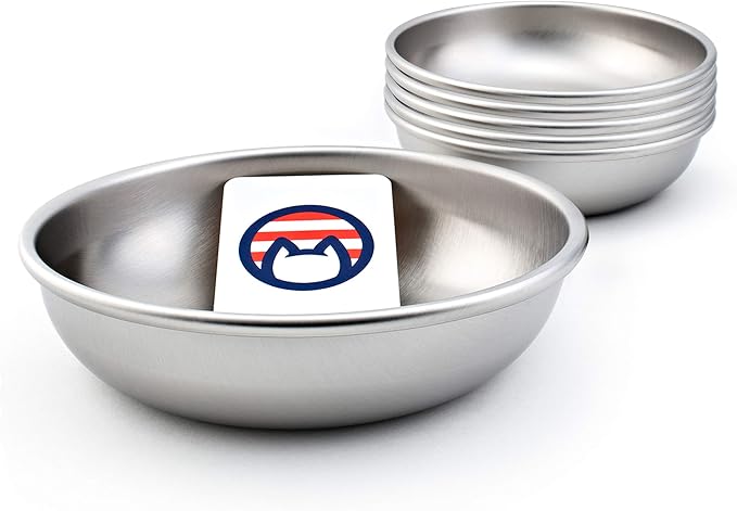 Stainless Steel Cat Bowls for Food & Water by Americat – Made in USA – Dishwasher Safe, Human Grade, Whisker Friendly Dishes (6 Bowls) by AmericatCompany