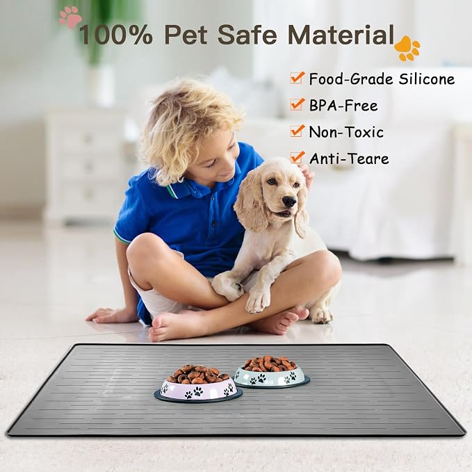 Largest Dog Food Mat, 48"x32" Silicone Dog and Cat Mat for Food and Water Bowls, Thinken Waterproof Non-Slip XXXL Pet Feeding Mat for Floors (Light Gray) - Image 3